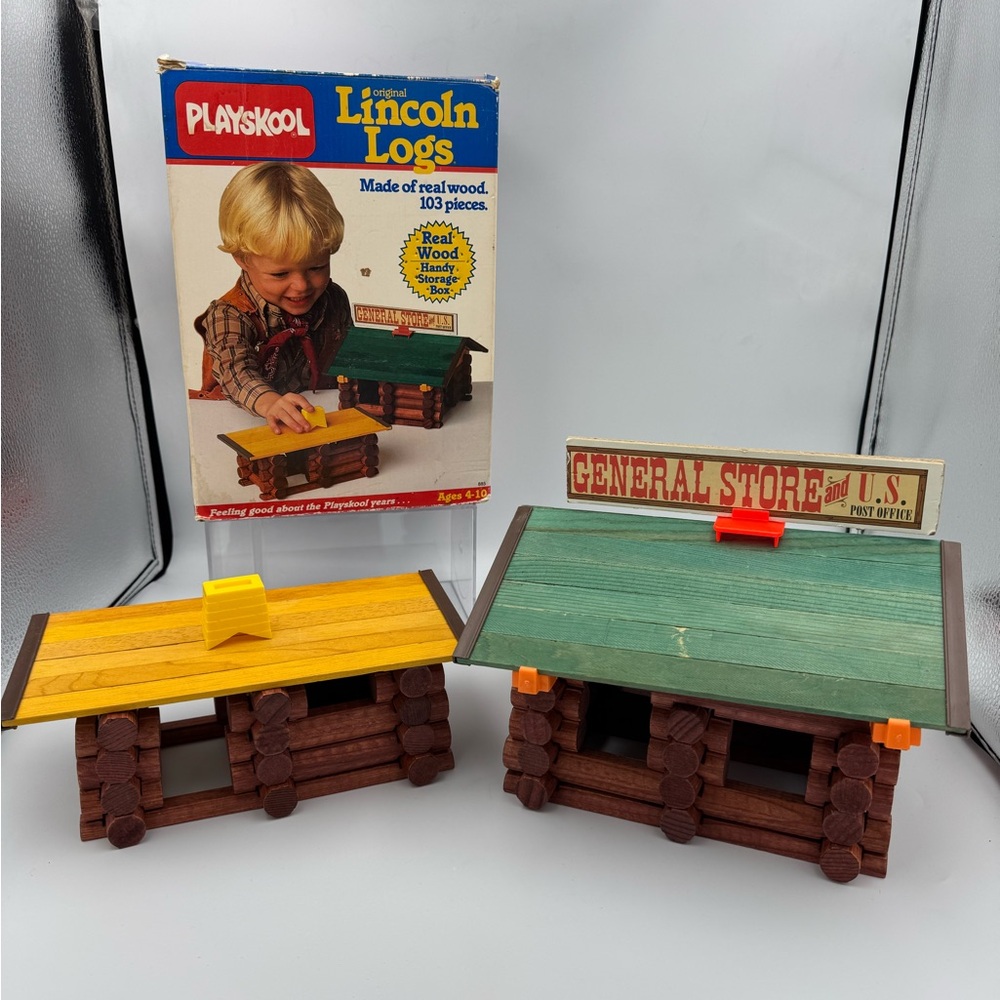 Vintage Playskool Lincoln Logs‎ 103 Pc Set Complete w Box 1989 Wood Toy